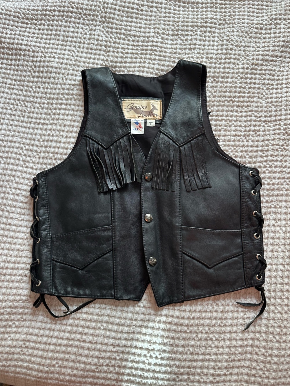 Genuine Leather Fringe Motorcycle Vest - Black